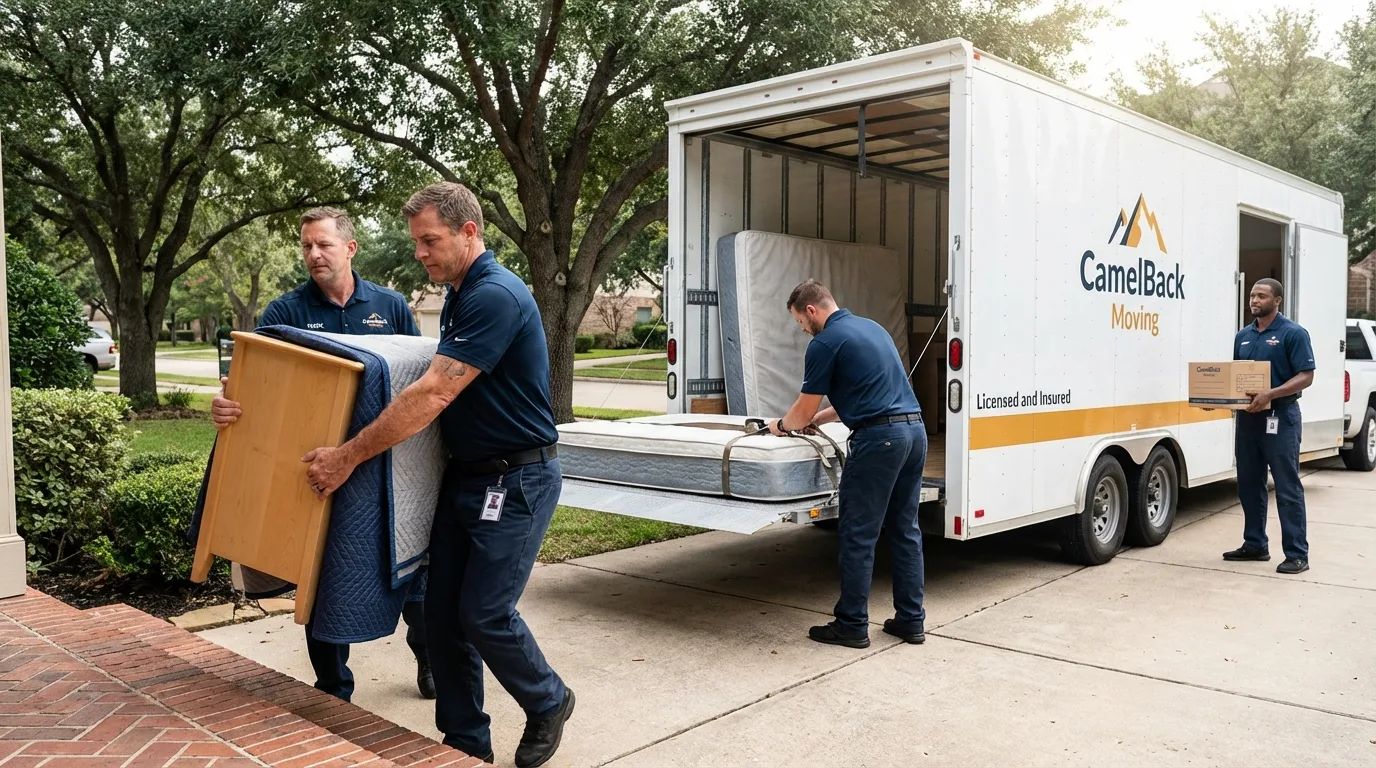 Crew loading residential truck for cross-state move from Melrose, MN