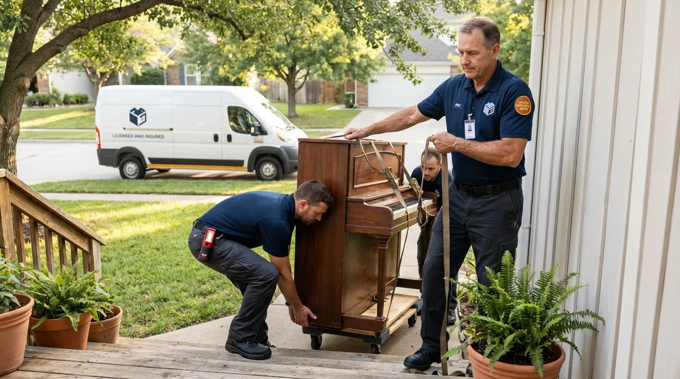 Licensed piano movers securing grand piano in Melrose, MN