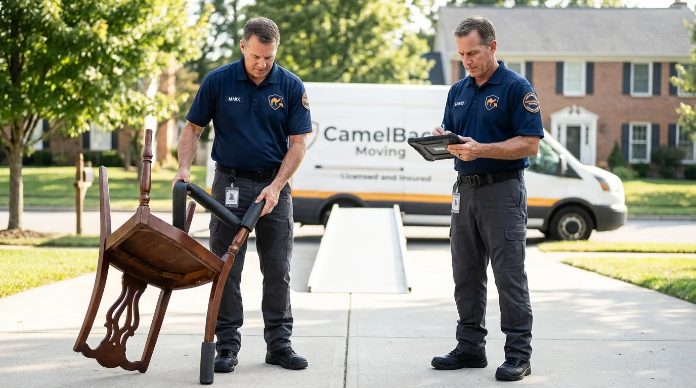 Movers inspecting furniture for damage prevention before loading in Melrose, MN